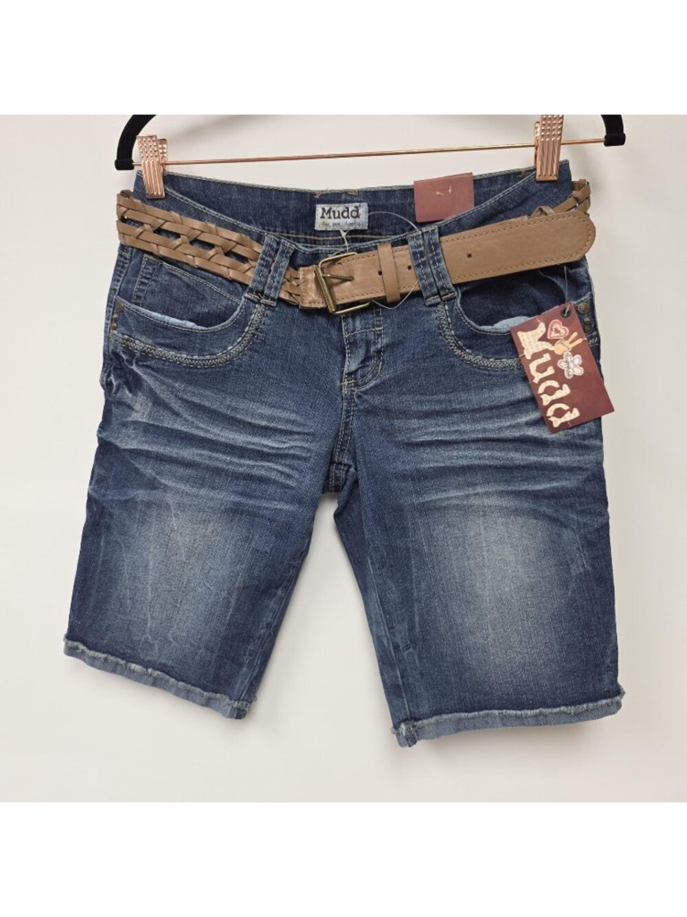 Mudd Shorts Juniors 9 Blue Denim Bermuda Raw Cuff Belted Stretch Embroidered